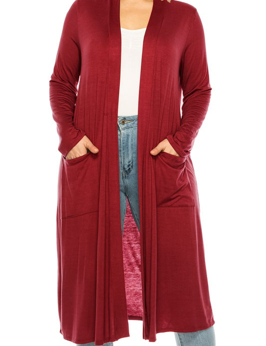 Plus Size Loose Fit Solid Duster Cardigan with Pockets
