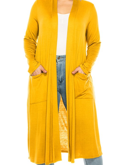 Plus Size Loose Fit Solid Duster Cardigan with Pockets