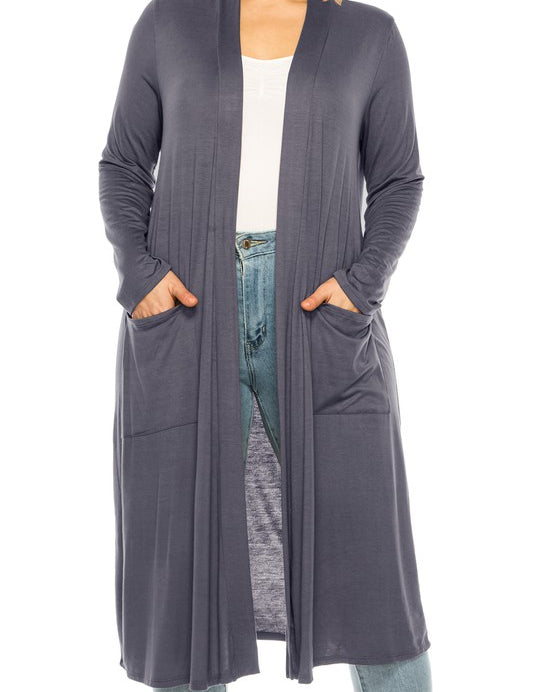 Plus Size Loose Fit Solid Duster Cardigan with Pockets
