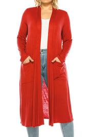 Plus Size Loose Fit Solid Duster Cardigan with Pockets