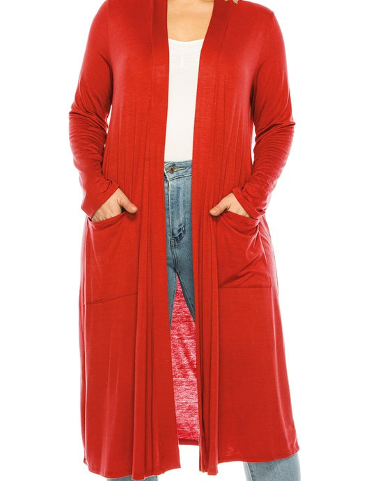 Plus Size Loose Fit Solid Duster Cardigan with Pockets