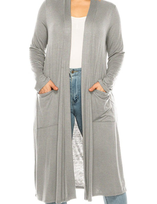 Plus Size Loose Fit Solid Duster Cardigan with Pockets