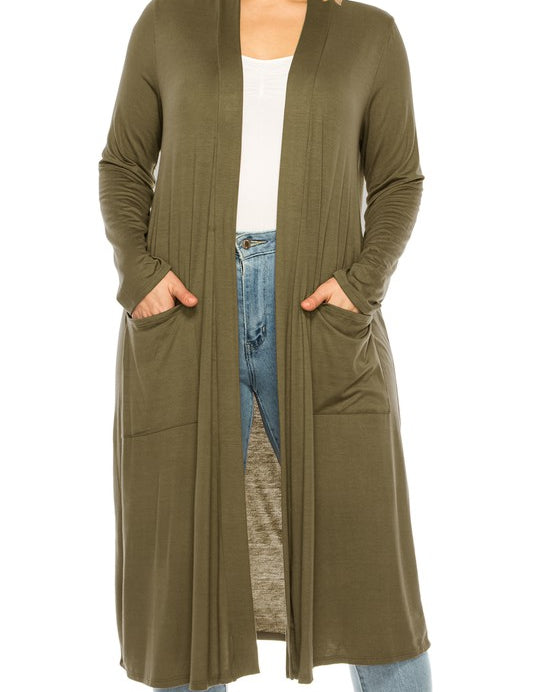 Plus Size Loose Fit Solid Duster Cardigan with Pockets