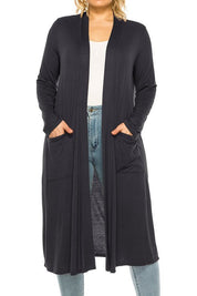 Plus Size Loose Fit Solid Duster Cardigan with Pockets
