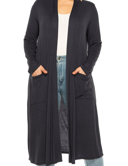 Plus Size Loose Fit Solid Duster Cardigan with Pockets