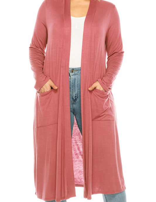Plus Size Loose Fit Solid Duster Cardigan with Pockets