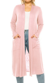 Plus Size Loose Fit Solid Duster Cardigan with Pockets