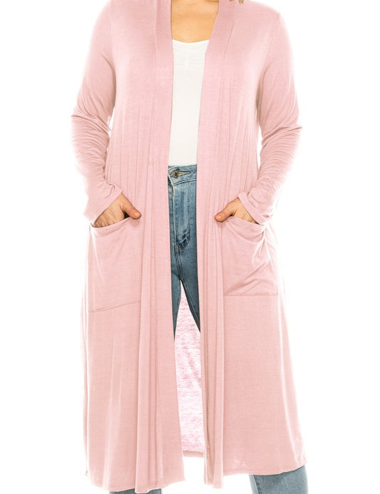 Plus Size Loose Fit Solid Duster Cardigan with Pockets