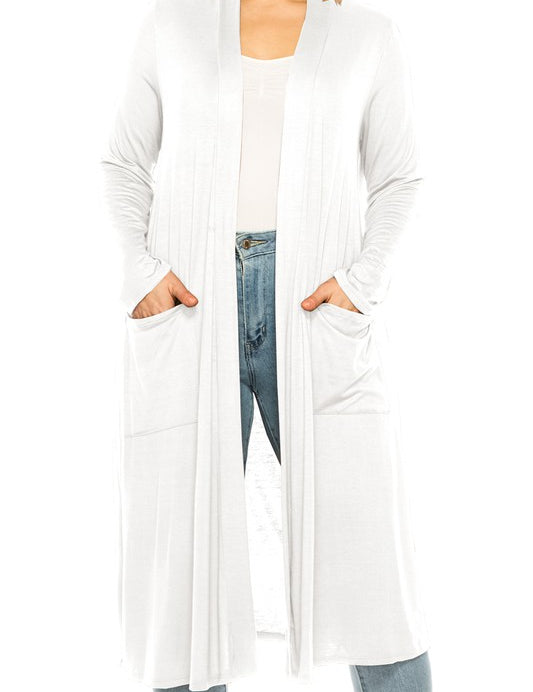 Plus Size Loose Fit Solid Duster Cardigan with Pockets