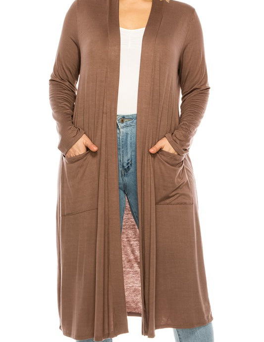 Plus Size Loose Fit Solid Duster Cardigan with Pockets