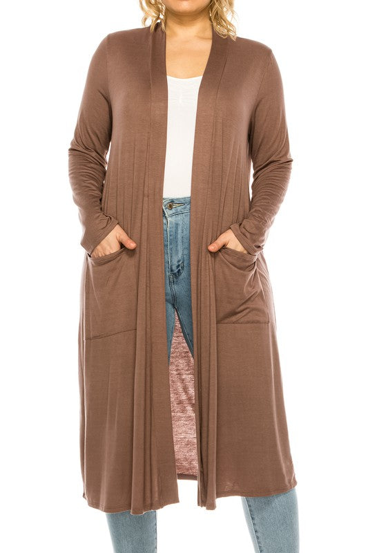 Plus Size Loose Fit Solid Duster Cardigan with Pockets