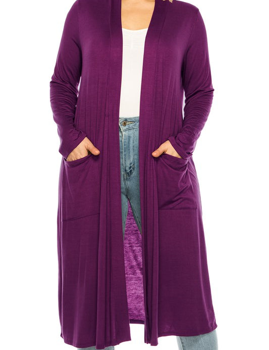 Plus Size Loose Fit Solid Duster Cardigan with Pockets