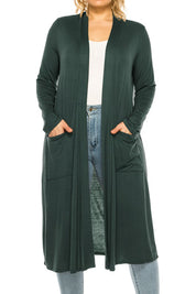 Plus Size Loose Fit Solid Duster Cardigan with Pockets