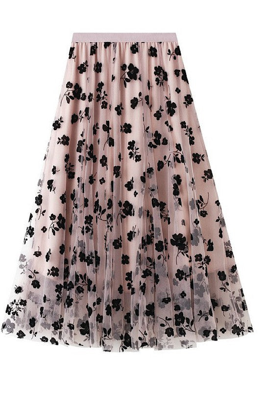 Women's Floral Chiffon Midi Skirt with Elastic Waist