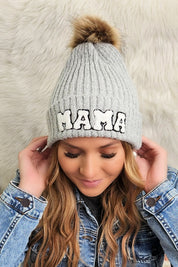 Women's Chenille Lettering Faux Fur Pom Beanie Cap