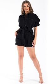 Women's Black Denim Cuffed Romper with Belted Tie