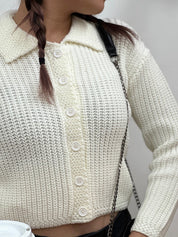 Women's Vintage Waffle Knit Crop Sweater Cardigan with Collar