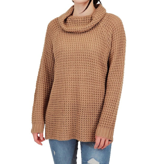 Women's Oversized Cowl Neck Popcorn Knit Tunic Sweater