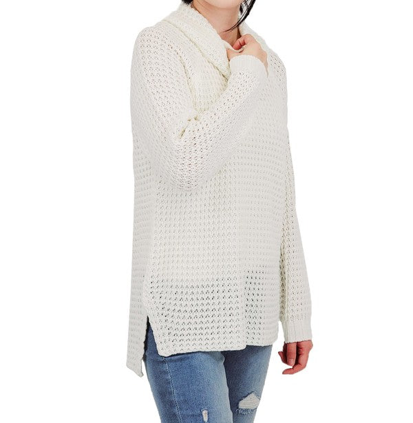 Women's Oversized Cowl Neck Popcorn Knit Tunic Sweater