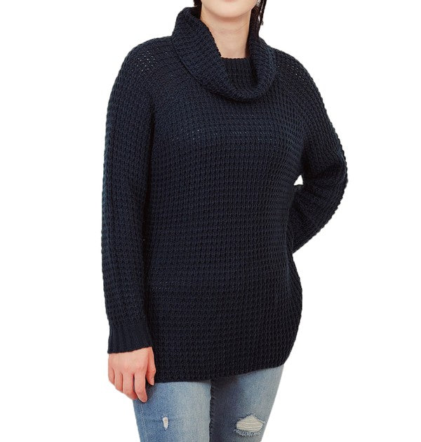 Women's Oversized Cowl Neck Popcorn Knit Tunic Sweater