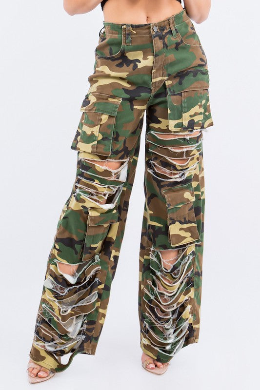 Women's Ripped Wide Leg Utility Cargo Pants