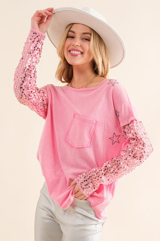 Women's Relaxed Fit Star Printed Sequin Sleeve Top