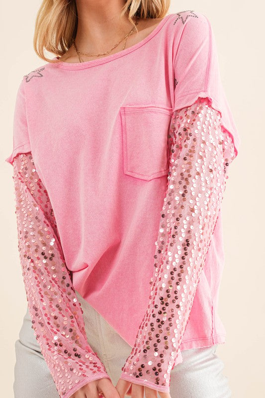 Women's Relaxed Fit Star Printed Sequin Sleeve Top