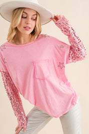 Women's Relaxed Fit Star Printed Sequin Sleeve Top