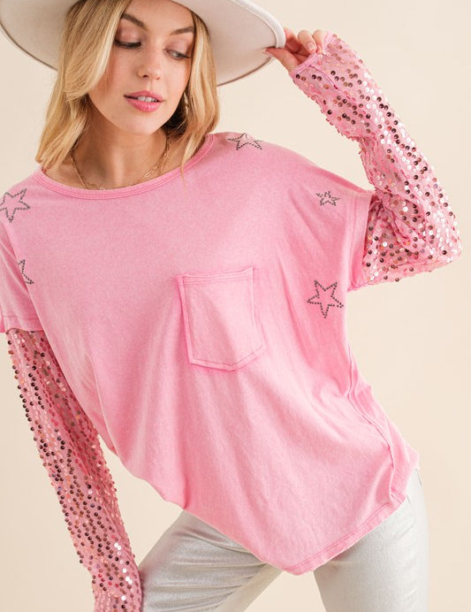 Women's Relaxed Fit Star Printed Sequin Sleeve Top