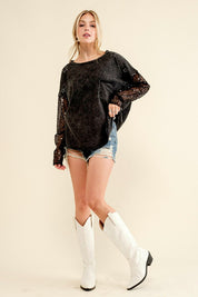 Women's Relaxed Fit Star Printed Sequin Sleeve Top