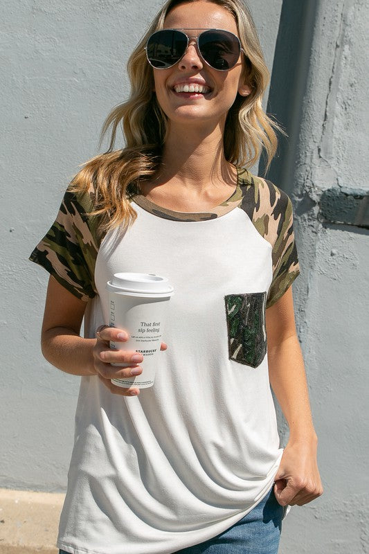 Women's Camo Sequins Pocket Top