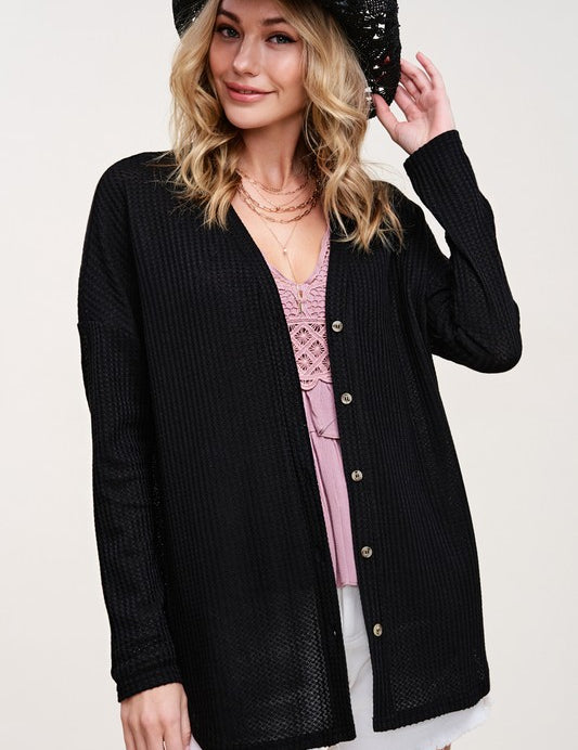 Women's Loose Fit Casual Waffle Fabric Cardigan