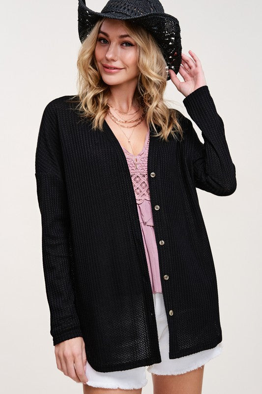 Women's Loose Fit Casual Waffle Fabric Cardigan