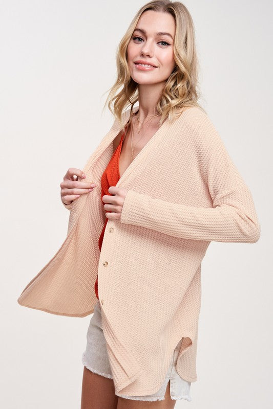 Women's Loose Fit Casual Waffle Fabric Cardigan