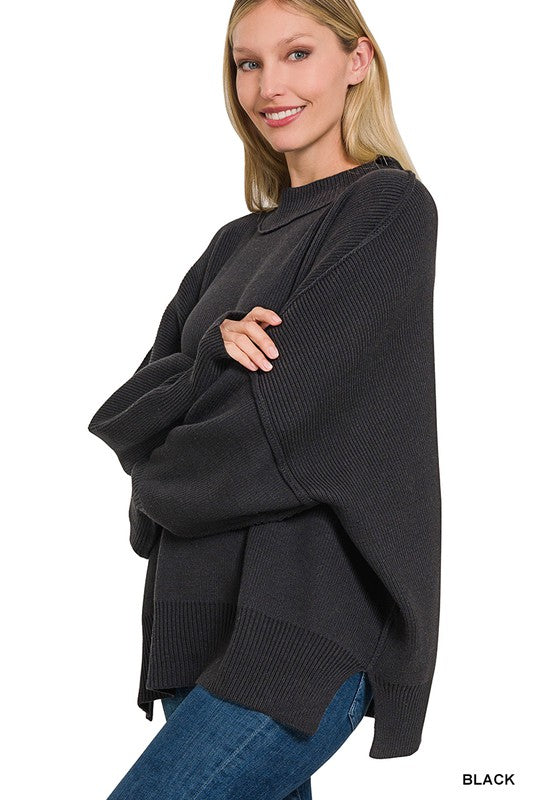 Women's Oversized Mock Neck Sweater with Side Slit