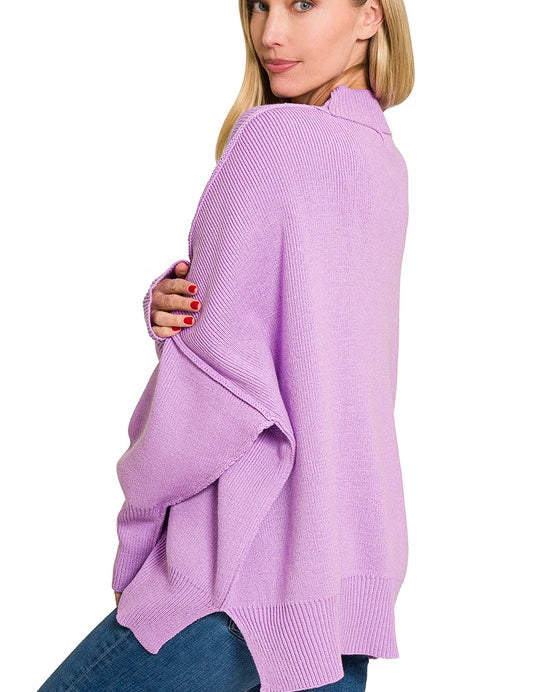 Women's Oversized Mock Neck Sweater with Side Slit