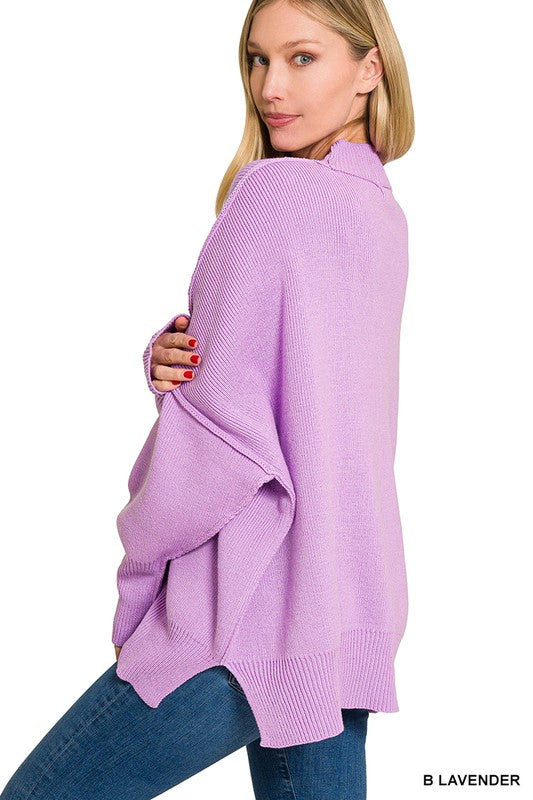 Women's Oversized Mock Neck Sweater with Side Slit