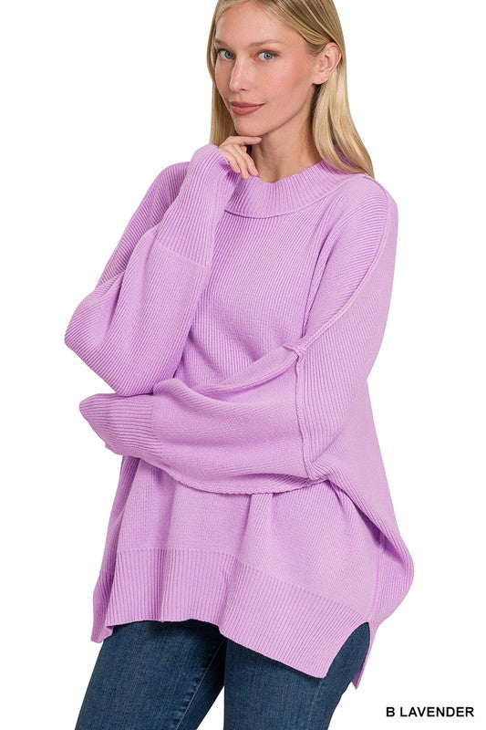 Women's Oversized Mock Neck Sweater with Side Slit