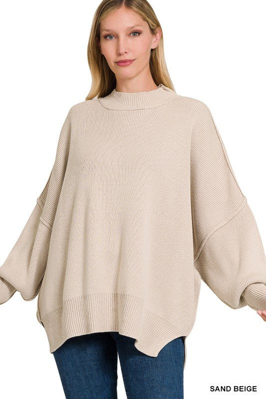 Women's Oversized Mock Neck Sweater with Side Slit