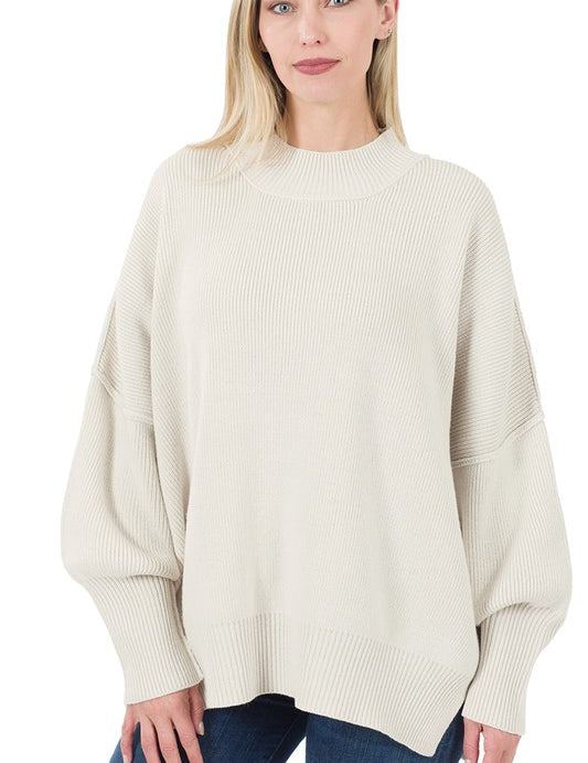 Women's Oversized Mock Neck Sweater with Side Slit