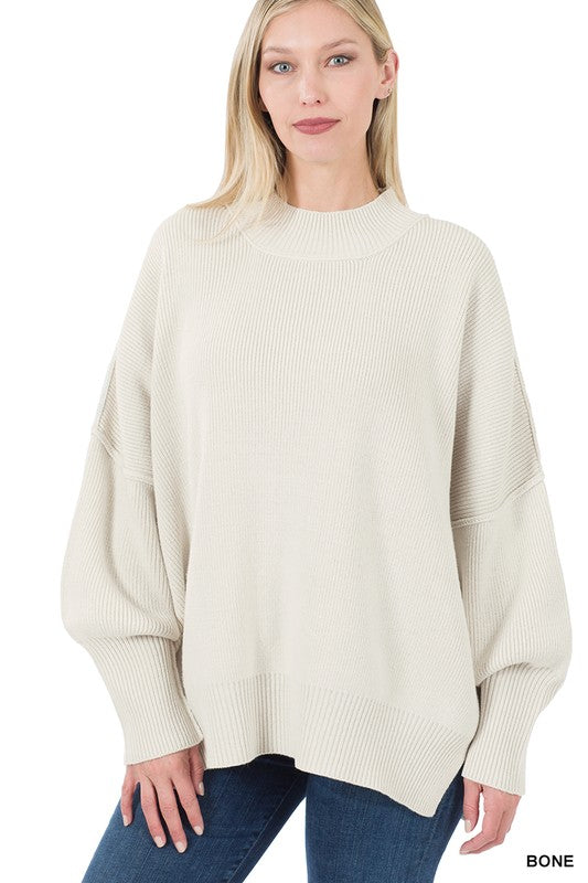 Women's Oversized Mock Neck Sweater with Side Slit