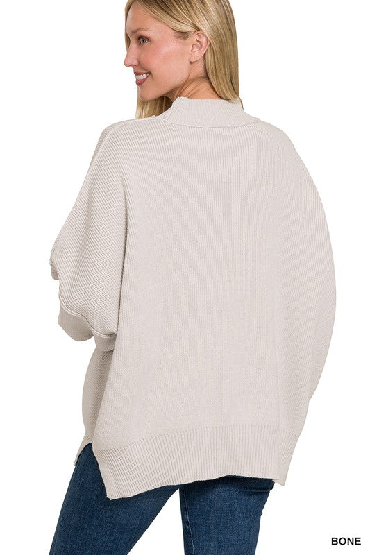 Women's Oversized Mock Neck Sweater with Side Slit