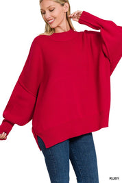 Women's Oversized Mock Neck Sweater with Side Slit