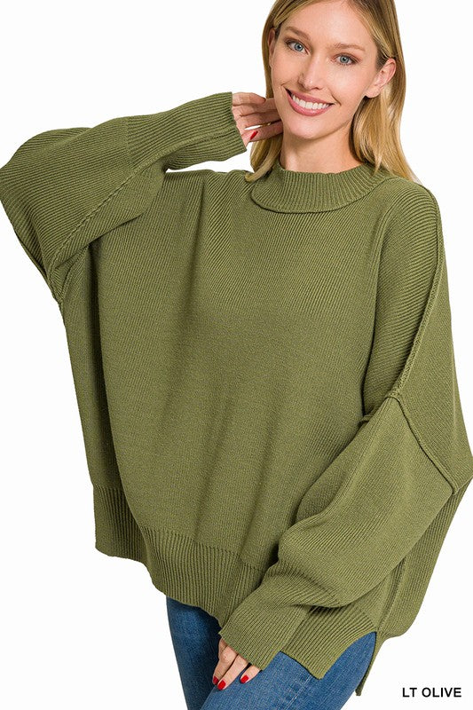 Women's Oversized Mock Neck Sweater with Side Slit