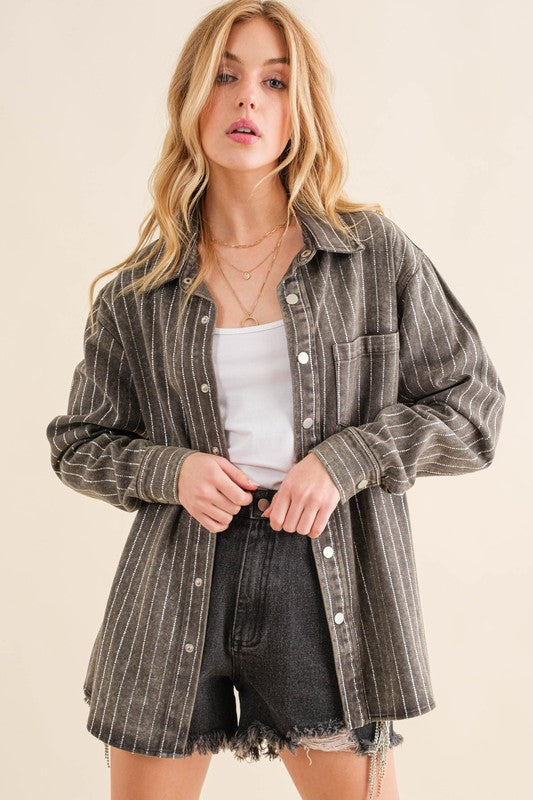 Women's Loose Fit Sparkle Stone Stripe Denim Jacket