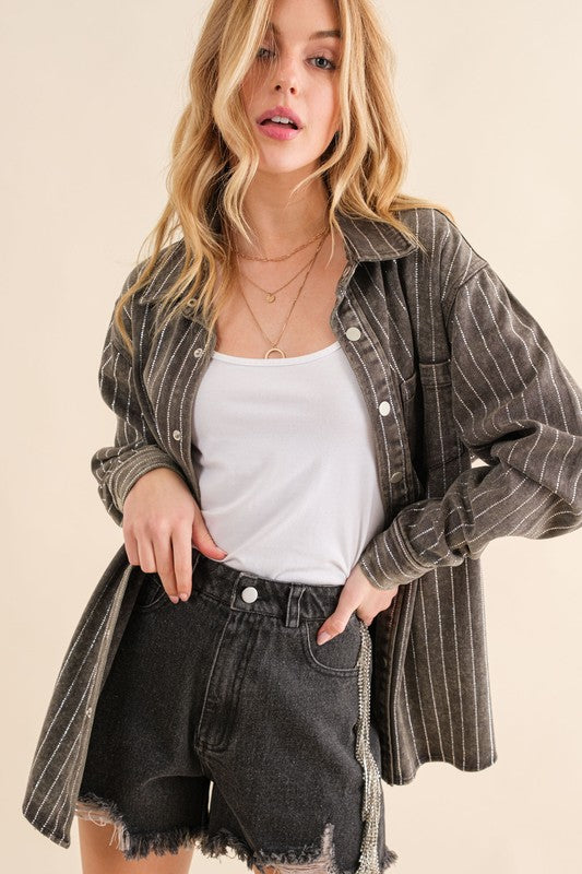 Women's Loose Fit Sparkle Stone Stripe Denim Jacket