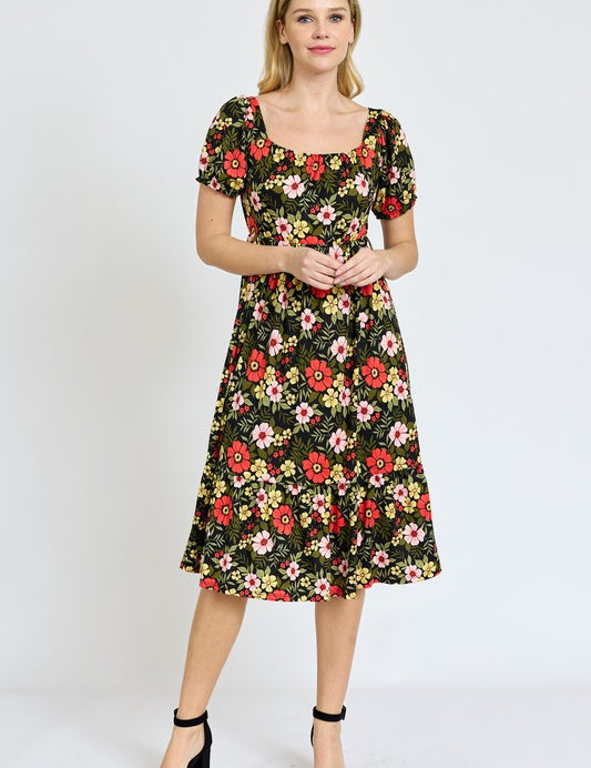 Women's Boho Floral Puff Sleeve Square Neck Dress