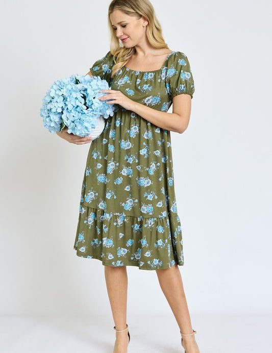 Women's Boho Floral Puff Sleeve Square Neck Dress