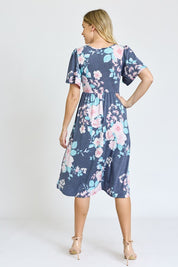 Women's Kimono Sleeve Floral Tea Length Dress