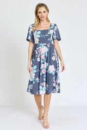 Women's Kimono Sleeve Floral Tea Length Dress